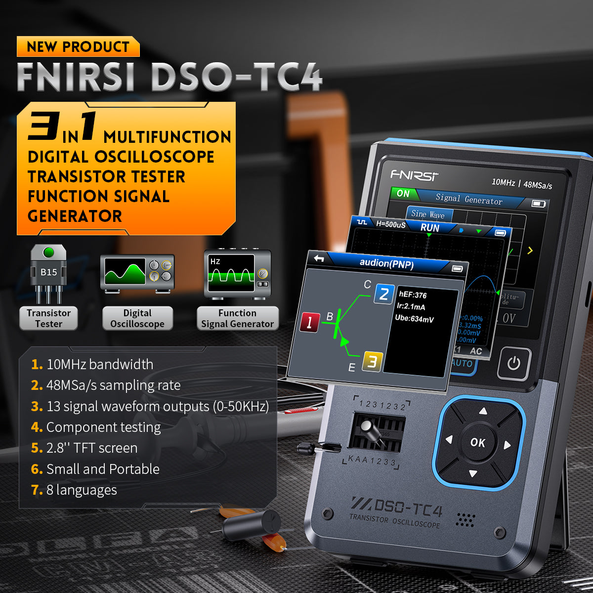 FNIRSI® DSO-TC4 Upgrade 3 in 1 Digital Oscilloscope Transistor Tester Signal Generator