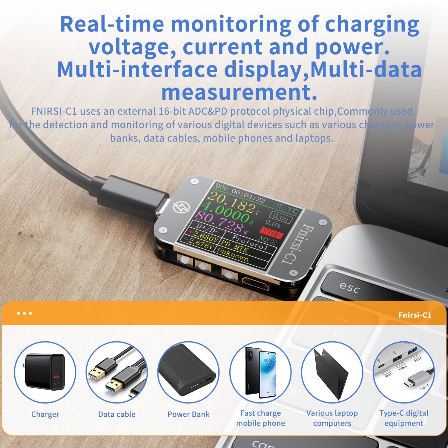 FNIRSI® C1 Type-C PD Trigger USB-C Voltmeter Ammeter Fast Charging Protocol Tester