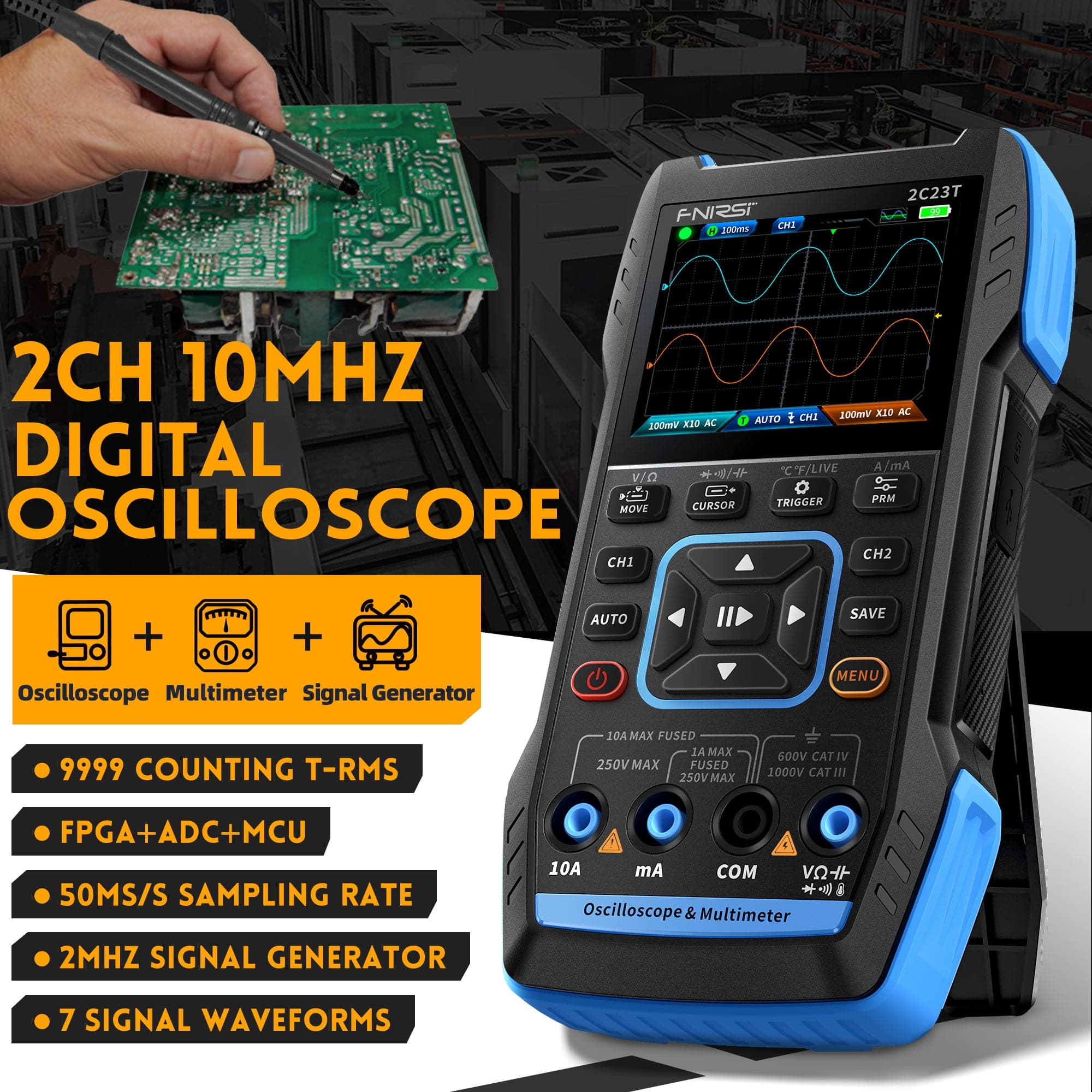 FNIRSI® 2C23T Handheld Dual Channel 3-in-1 Oscilloscope + Digital Multimeter + DDS Function Generator