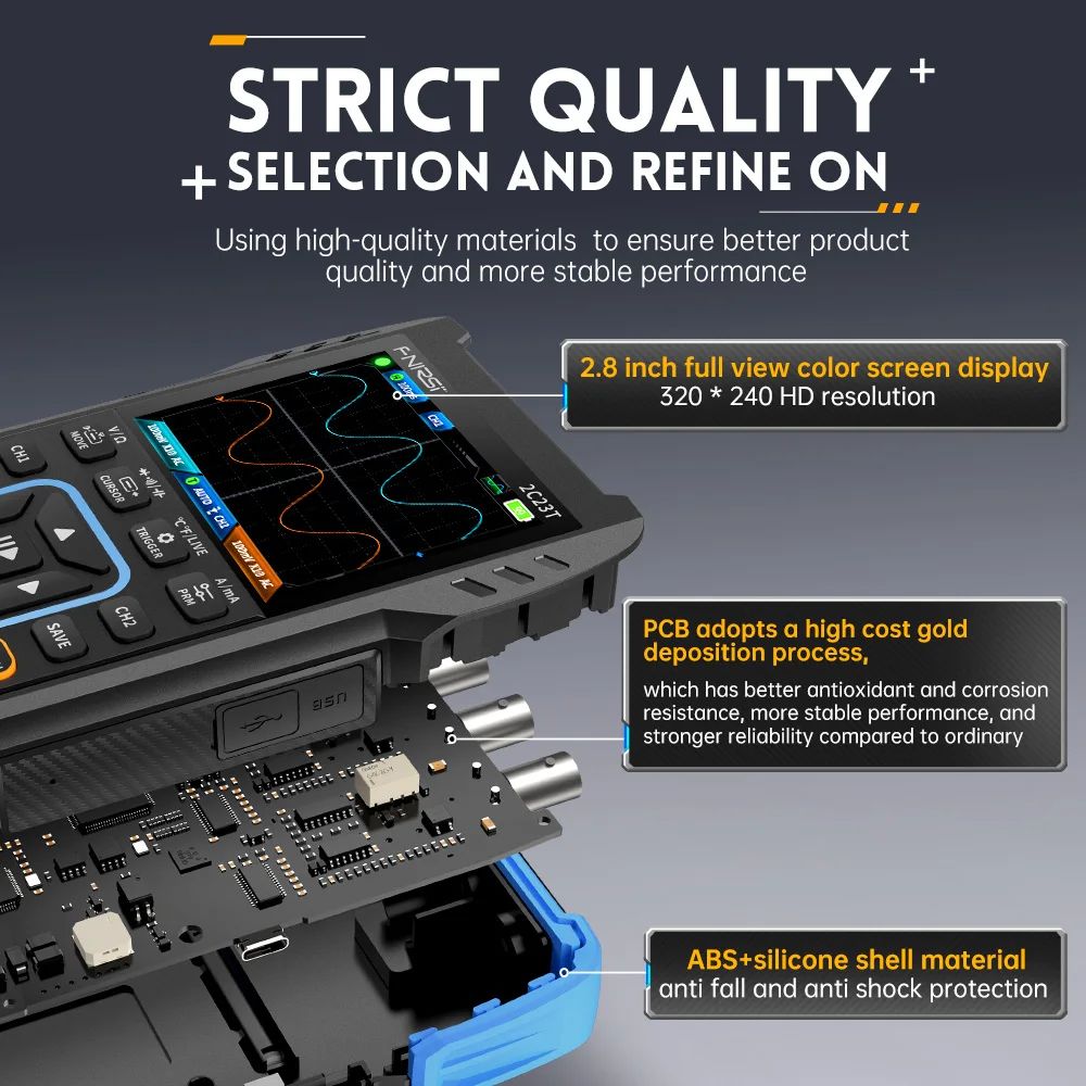 FNIRSI® 2C23T Handheld Dual Channel 3-in-1 Oscilloscope + Digital Multimeter + DDS Function Generator