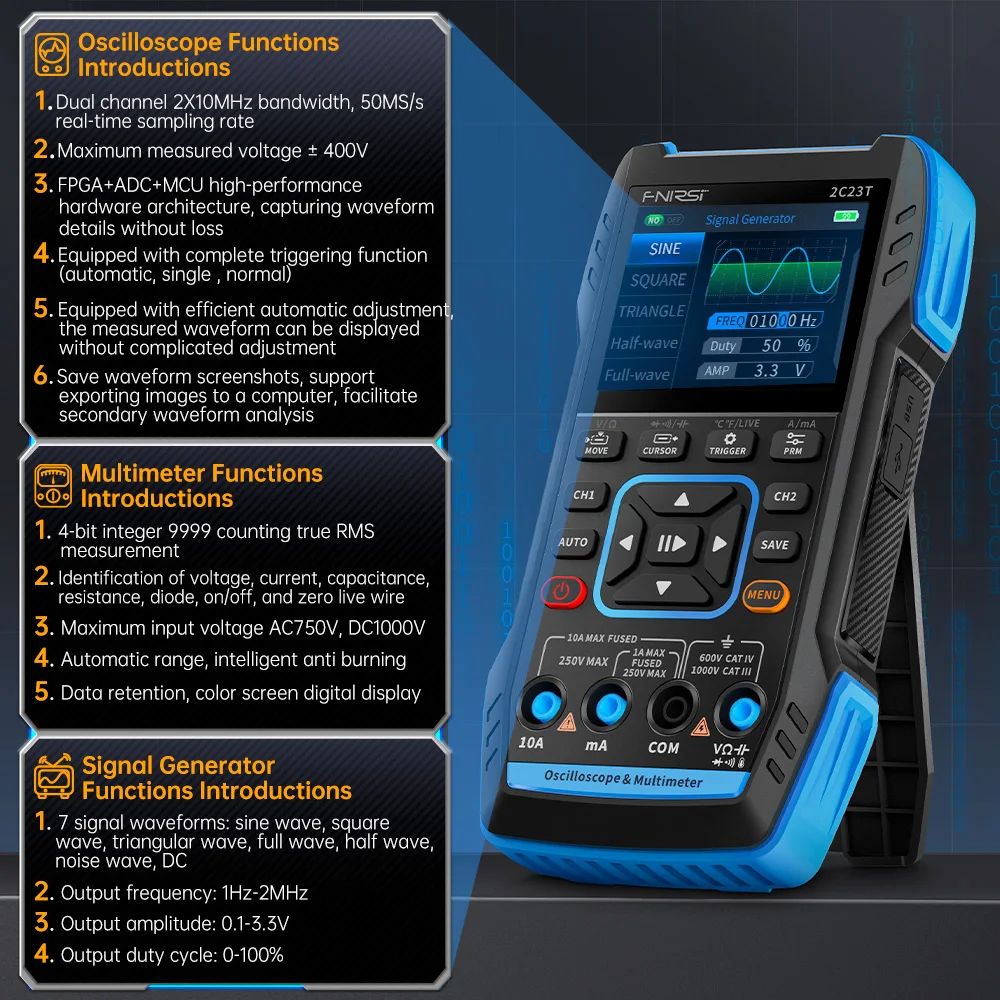 FNIRSI® 2C23T Handheld Dual Channel 3-in-1 Oscilloscope + Digital Multimeter + DDS Function Generator