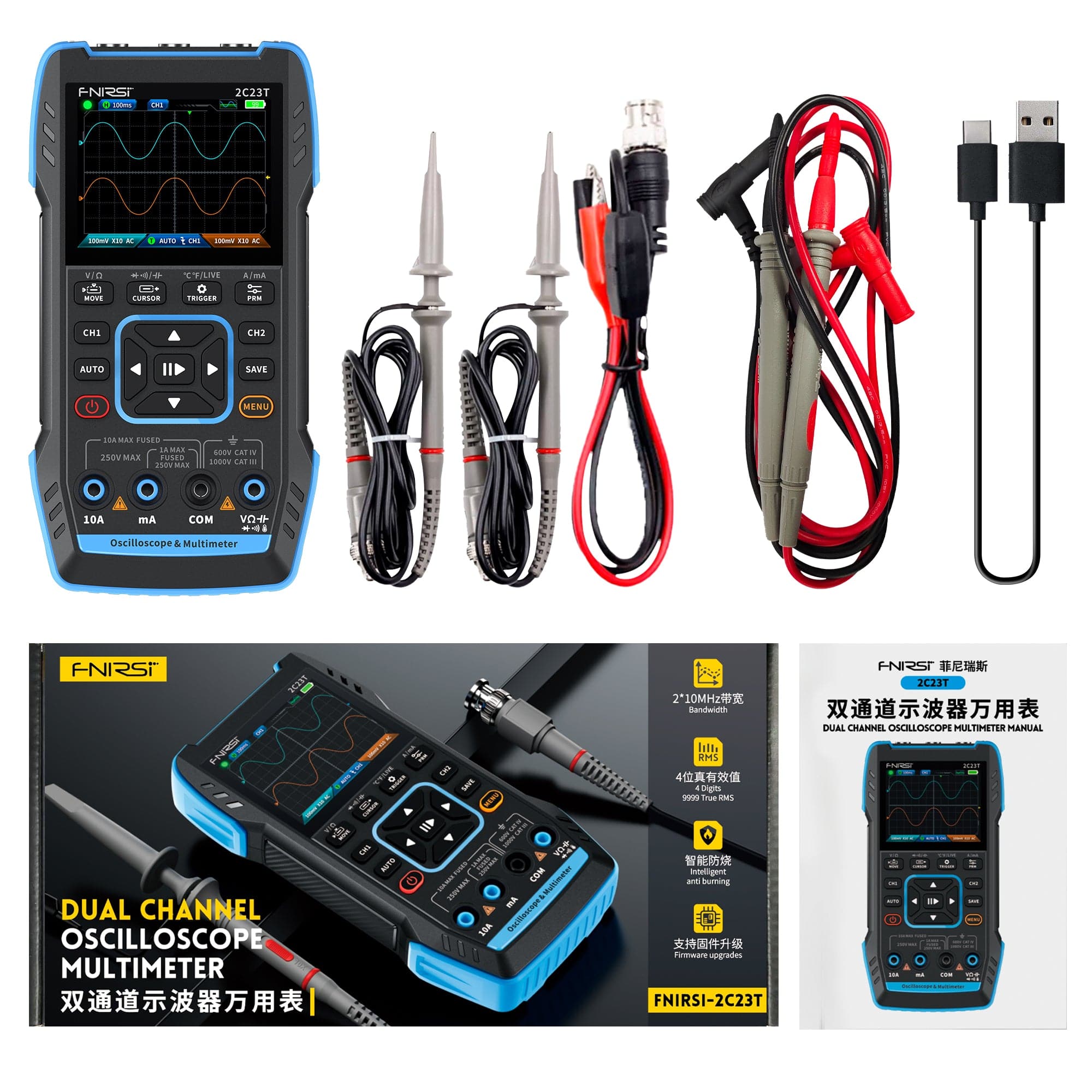 FNIRSI® 2C23T Handheld Dual Channel 3-in-1 Oscilloscope + Digital Multimeter + DDS Function Generator