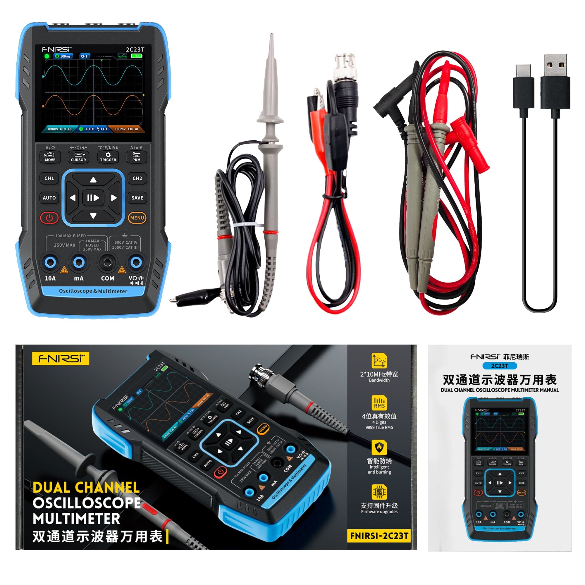 FNIRSI® 2C23T Handheld Dual Channel 3-in-1 Oscilloscope + Digital Multimeter + DDS Function Generator