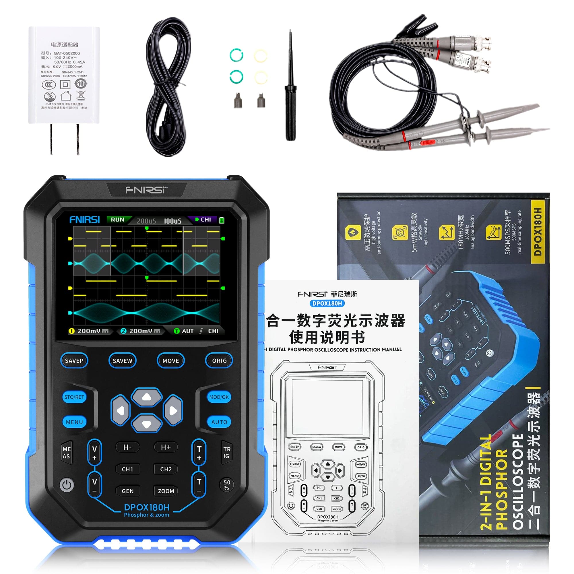 Oscilloscope numérique à phosphore FNIRSI® DPOX180H 2 canaux 180 MHz 2-EN-1