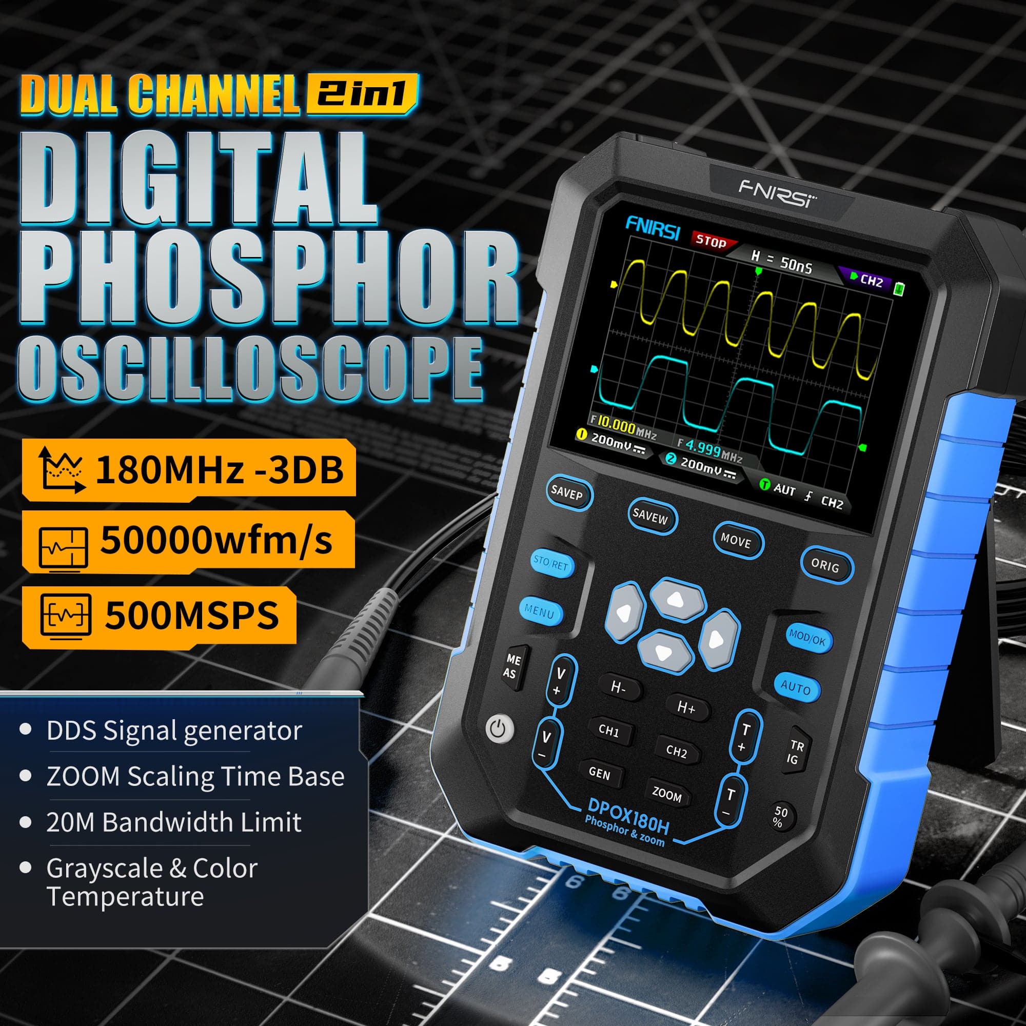 FNIRSI® DPOX180H  2 Channel 180MHZ 2-IN-1 Digial Phosphor Oscilloscope
