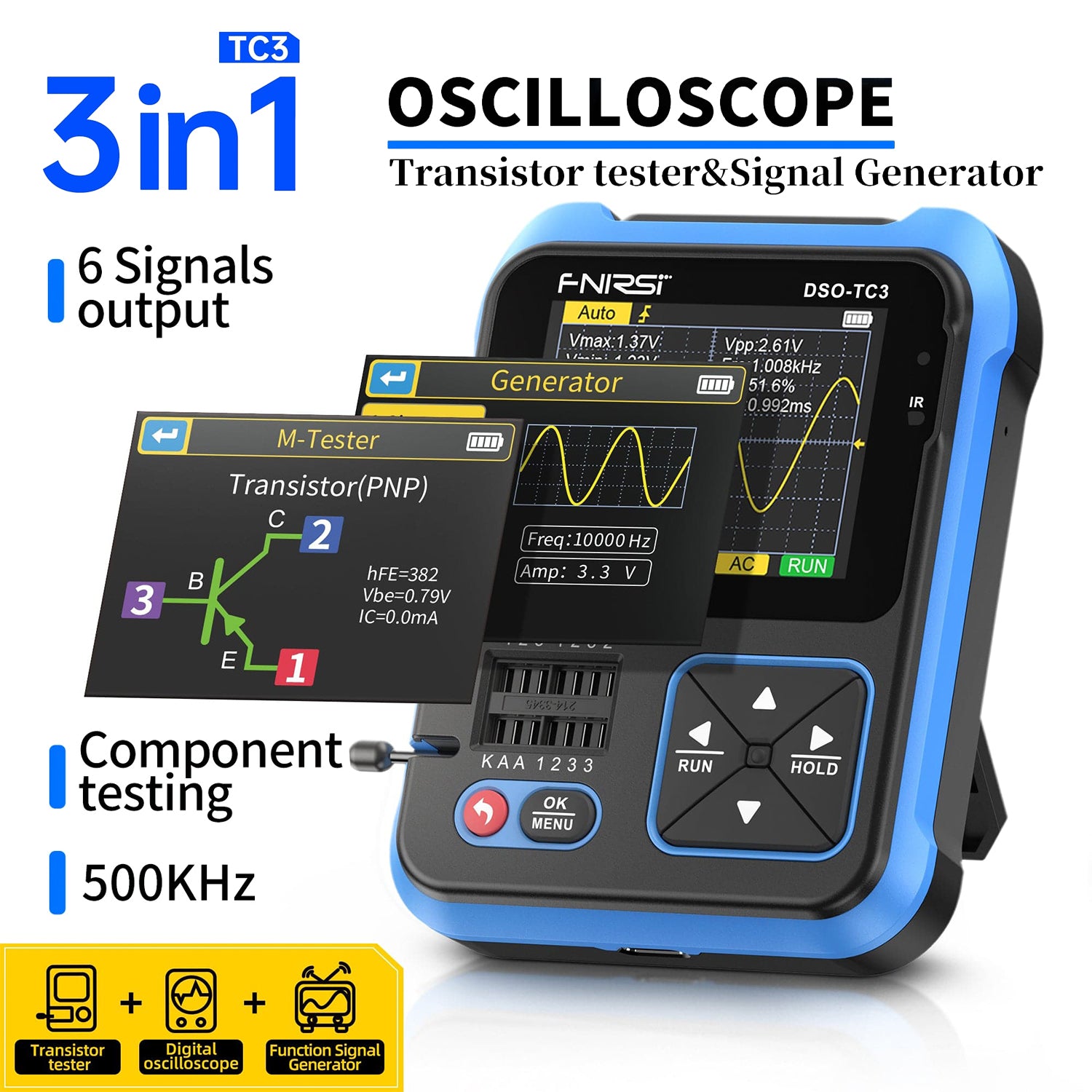 FNIRSI® DSO-TC3 3-IN-1 Handheld Digital Oscilloscopes Signal Generator Transistor Tester