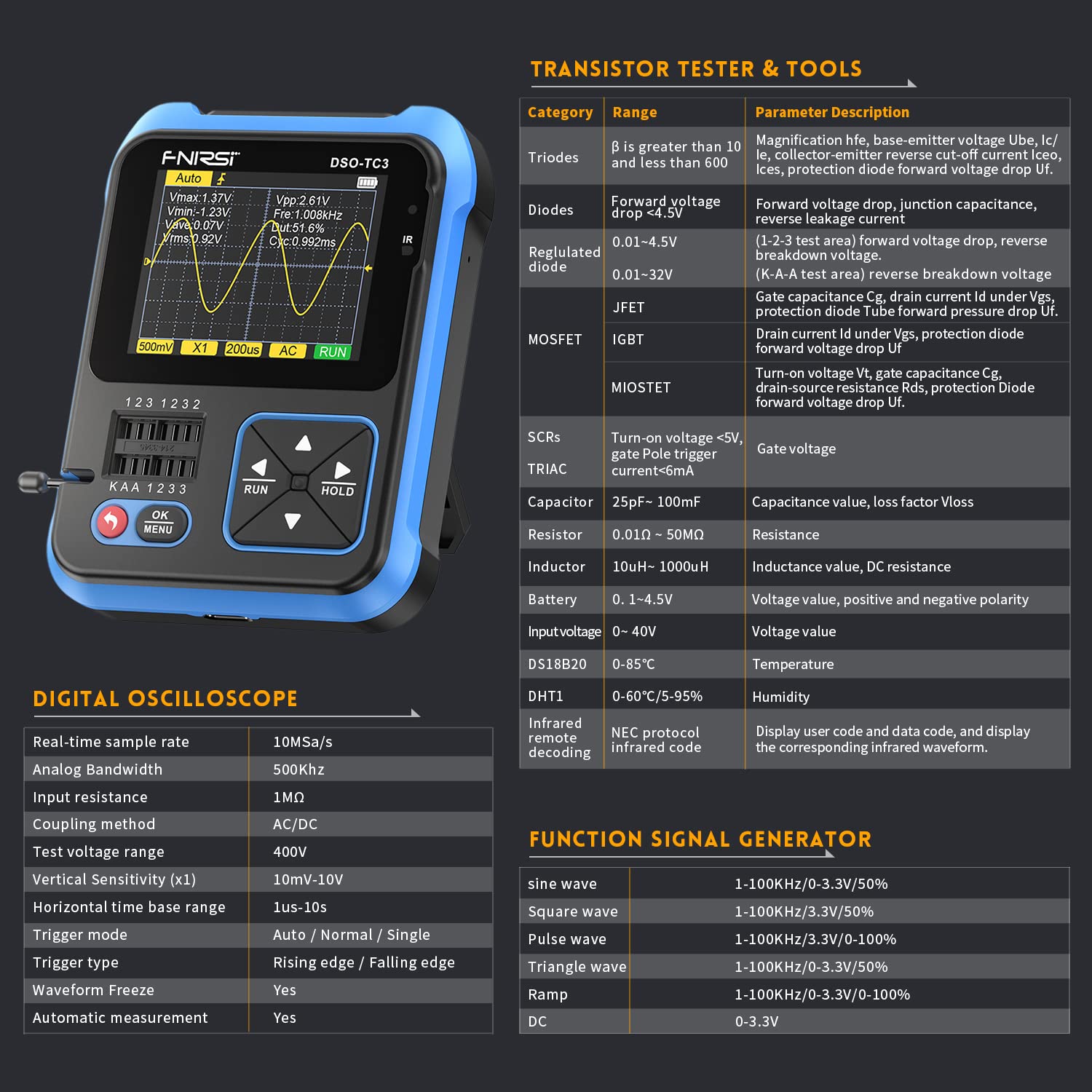 FNIRSI® DSO-TC3 3-IN-1 Handheld Digital Oscilloscopes Signal Generator Transistor Tester