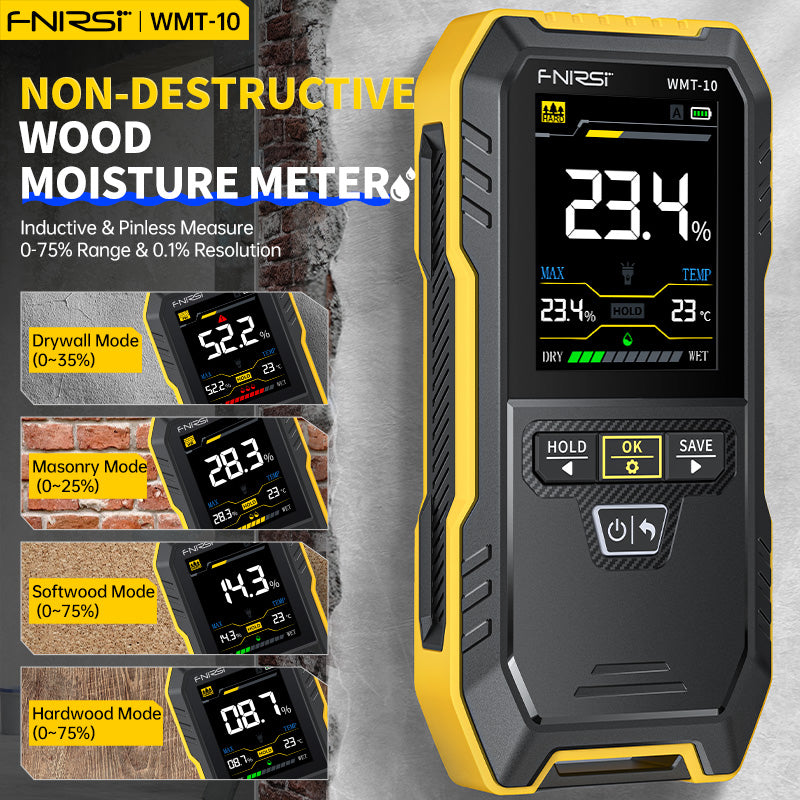 FNIRSI® WMT-10 Inductive Wood Moisture Meter Hygrometer Non-contact Timber Damp Wall Detector Non-destructive Humidity Tester