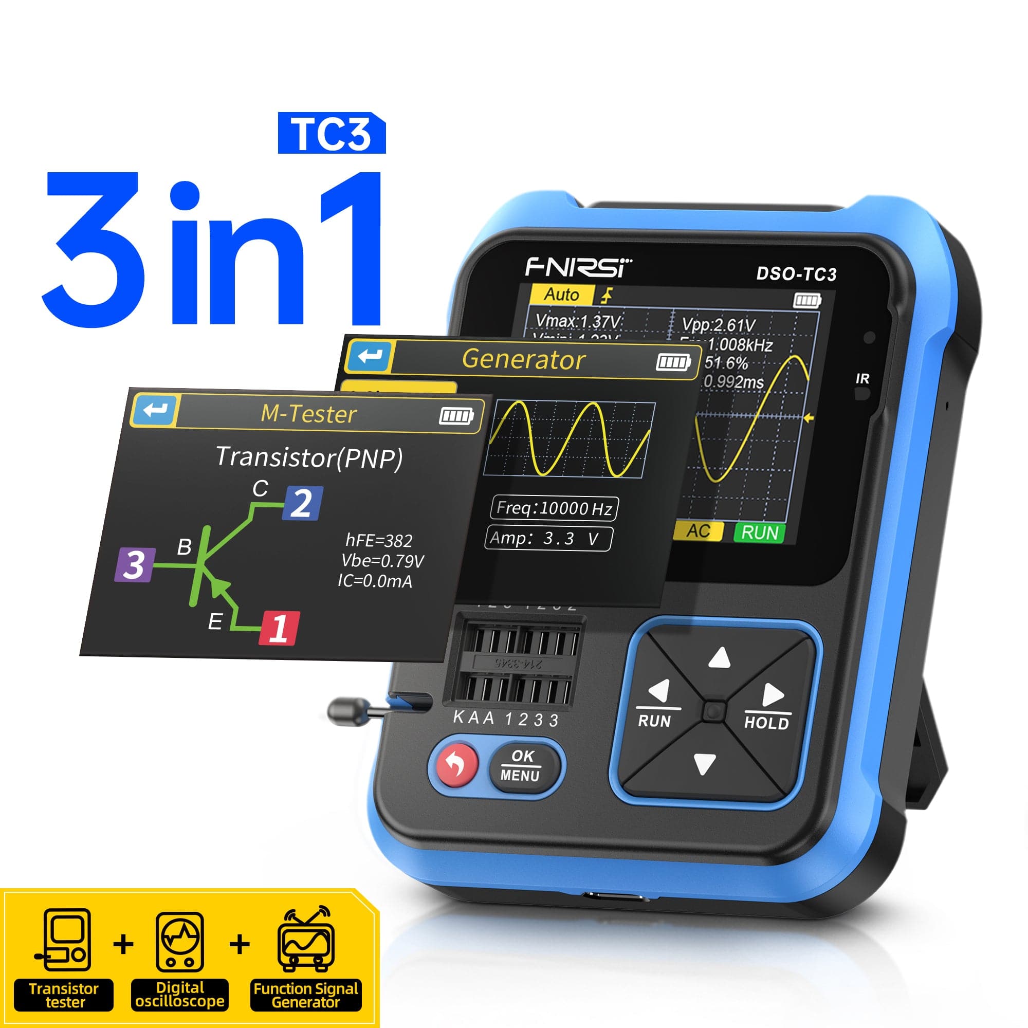 FNIRSI® DSO-TC3 Osciloscópios digitais portáteis 3 em 1 + geração de sinal + testador de transistor