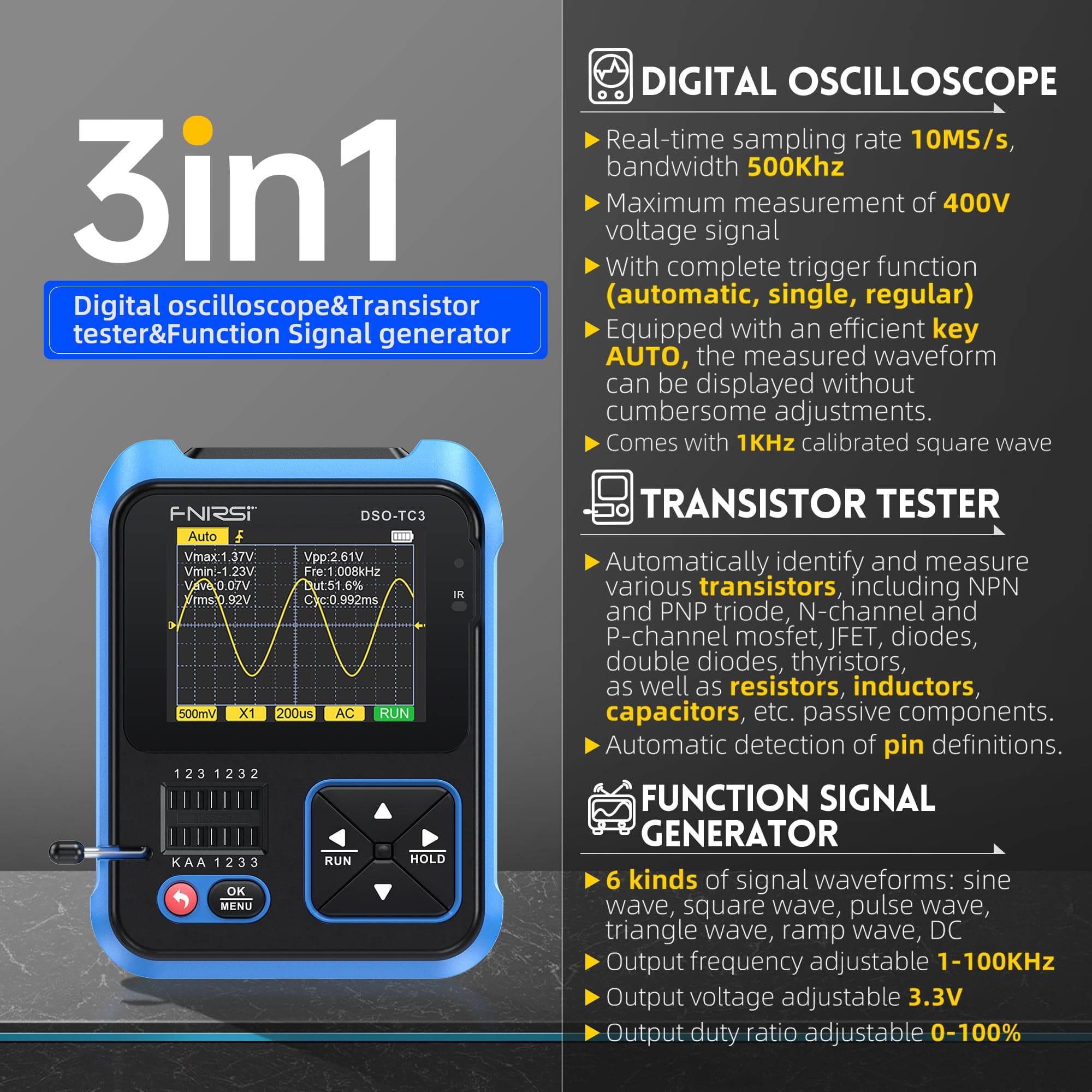 Oscilloscopes numériques portatifs 3 en 1 FNIRSI® DSO-TC3 + générateur de signal + testeur de transistor