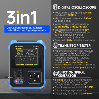 FNIRSI® DSO-TC3 3-IN-1 Handheld Digital Oscilloscopes+ Signal Gen+ Transistor Tester