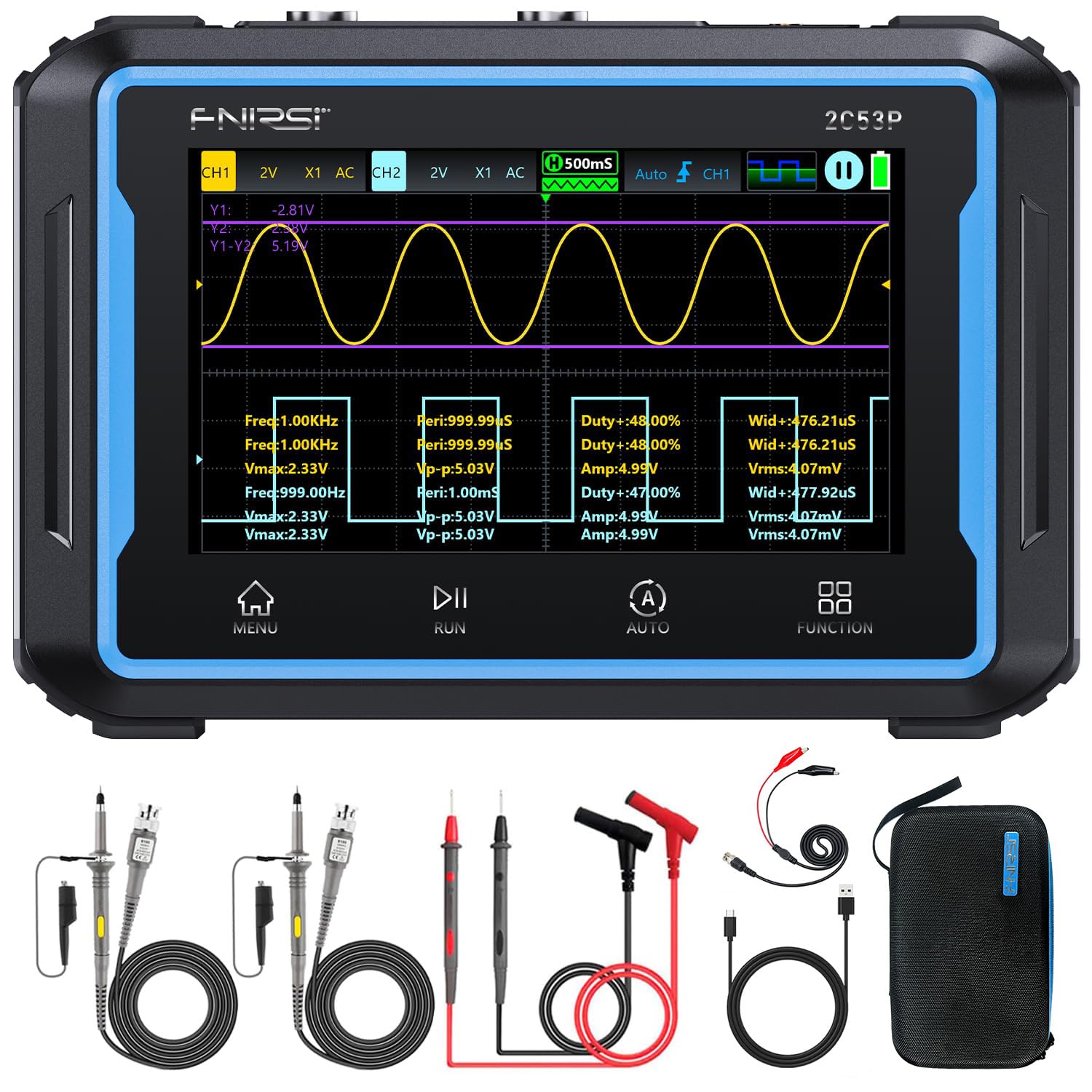 FNIRSI® 2C53P 3-in-1 Dual Channel Tablet Oscilloscope + Multimeter + Function Generator