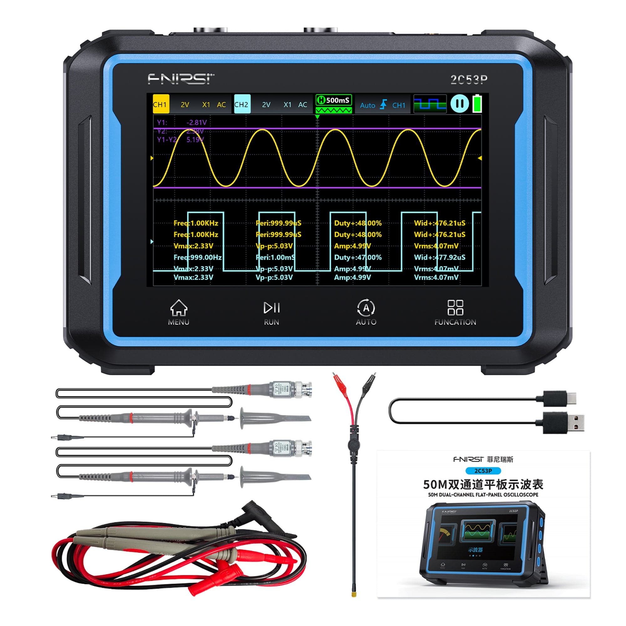 FNIRSI® 2C53P 3-in-1 Dual Channel Tablet Oscilloscope + Multimeter + Function Generator